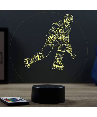 Lampe illusion 3D en verre acrylique gravée au laser représentant un joueur de Roller Hockey.