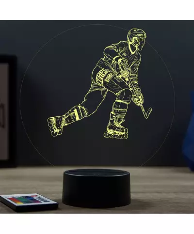 Lampe illusion 3D en verre acrylique gravée au laser représentant un joueur de Roller Hockey.