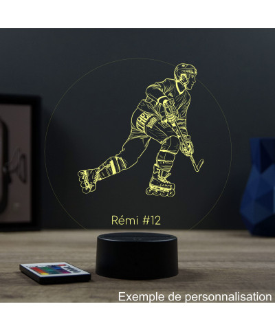 Lampe illusion 3D en verre acrylique gravée au laser représentant un joueur de Roller Hockey.