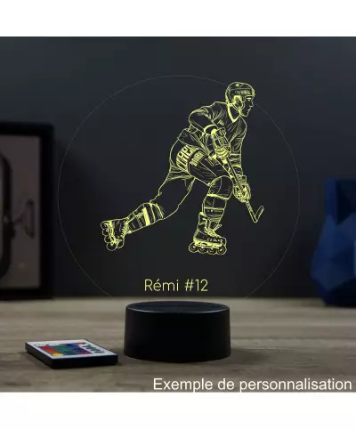 Lampe illusion 3D en verre acrylique gravée au laser représentant un joueur de Roller Hockey.