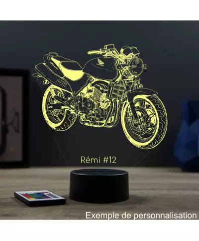 Lampe illusion 3D en verre acrylique gravée au laser représentant une moto Honda CB 600F Hornet.