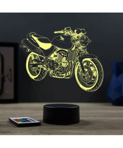 Lampe illusion 3D en verre acrylique gravée au laser représentant une moto Honda CB 600F Hornet.
