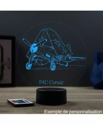 Lampe illusion 3D en verre acrylique gravée au laser représentant un avion de chasse Corsair Vought F4U.