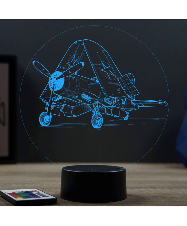 Lampe illusion 3D en verre acrylique gravée au laser représentant un avion de chasse Corsair Vought F4U.