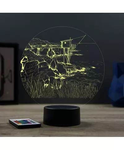 Lampe illusion 3D en verre acrylique gravée au laser représentant une cabane de pêcheur au carrelet de Charentes.