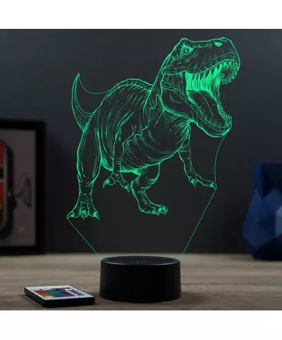 Lampe illusion 3D en verre acrylique gravée au laser représentant un Dinosaure Tyrannosaure T-Rex.