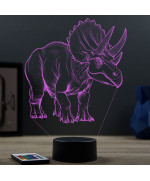 Lampe illusion 3D en verre acrylique gravée au laser représentant un Dinosaure Triceratops.