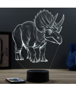 Lampe illusion 3D en verre acrylique gravée au laser représentant un Dinosaure Triceratops.