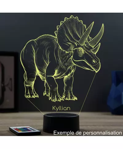 Lampe illusion 3D en verre acrylique gravée au laser représentant un Dinosaure Triceratops.