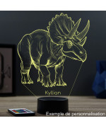 Lampe illusion 3D en verre acrylique gravée au laser représentant un Dinosaure Triceratops.