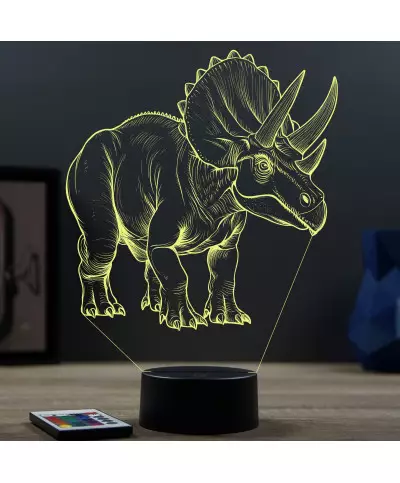 Lampe illusion 3D en verre acrylique gravée au laser représentant un Dinosaure Triceratops.