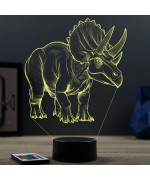 Lampe illusion 3D en verre acrylique gravée au laser représentant un Dinosaure Triceratops.