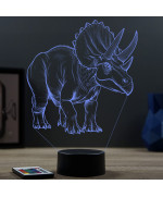 Lampe illusion 3D en verre acrylique gravée au laser représentant un Dinosaure Triceratops.