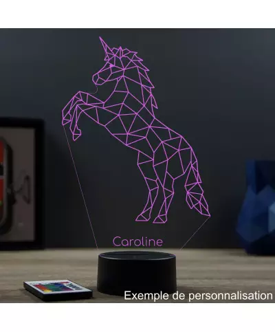 Lampe illusion 3D en verre acrylique gravée au laser représentant une licorne en Origami.