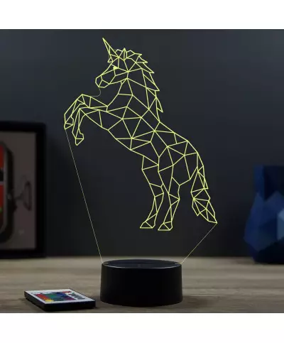 Lampe illusion 3D en verre acrylique gravée au laser représentant une licorne en Origami.
