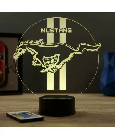 Lampe illusion 3D en verre acrylique gravée au laser représentant une interprétation du logo Mustang.
