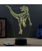 Lampe illusion 3D en verre acrylique gravée au laser représentant un Dinosaure Velociraptor.