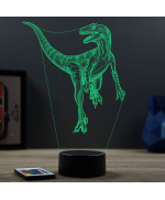 Lampe illusion 3D en verre acrylique gravée au laser représentant un Dinosaure Velociraptor.