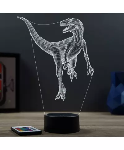 Lampe illusion 3D en verre acrylique gravée au laser représentant un Dinosaure Velociraptor.