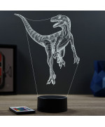 Lampe illusion 3D en verre acrylique gravée au laser représentant un Dinosaure Velociraptor.