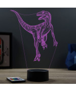 Lampe illusion 3D en verre acrylique gravée au laser représentant un Dinosaure Velociraptor.