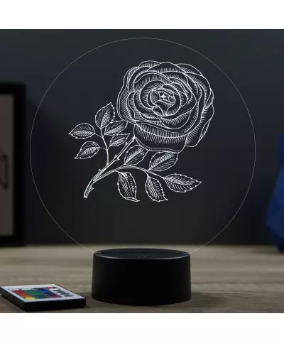 Lampe illusion 3D en verre acrylique gravée au laser représentant une Rose.