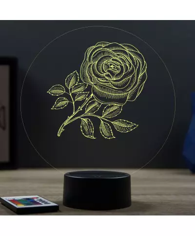 Lampe illusion 3D en verre acrylique gravée au laser représentant une Rose.
