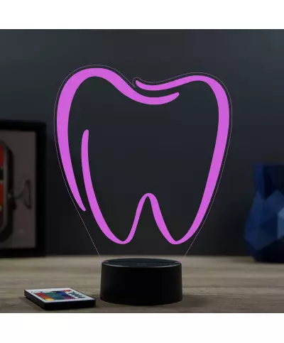 Lampe illusion 3D en verre acrylique gravée au laser représentant une dent molaire.