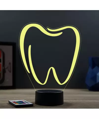 Lampe illusion 3D en verre acrylique gravée au laser représentant une dent molaire.