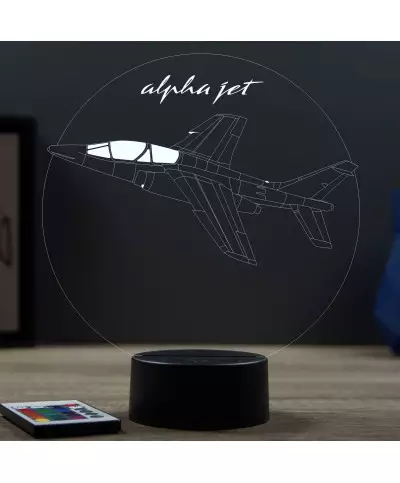 Lampe illusion 3D en verre acrylique gravée au laser représentant un avion de chasse Alphajet.