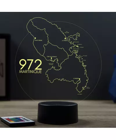 Lampe illusion 3D en verre acrylique gravée au laser représentant une carte de la Martinique.