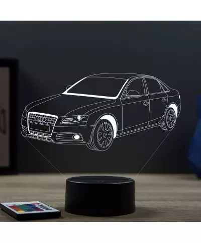 Lampe illusion 3D en verre acrylique gravée au laser représentant une voiture Audi A4 B7.