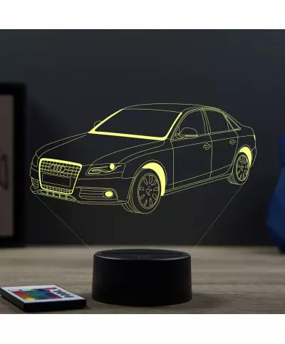 Lampe illusion 3D en verre acrylique gravée au laser représentant une voiture Audi A4 B7.