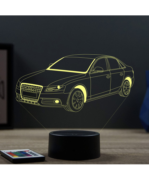 Lampe illusion 3D en verre acrylique gravée au laser représentant une voiture Audi A4 B7.
