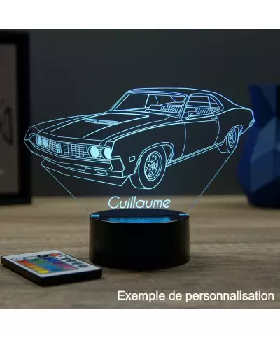 Lampe illusion 3D en verre acrylique gravée au laser représentant une voiture Ford Torino 1971.