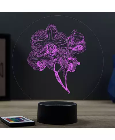 Lampe illusion 3D en verre acrylique gravée au laser représentant une Orchidée.