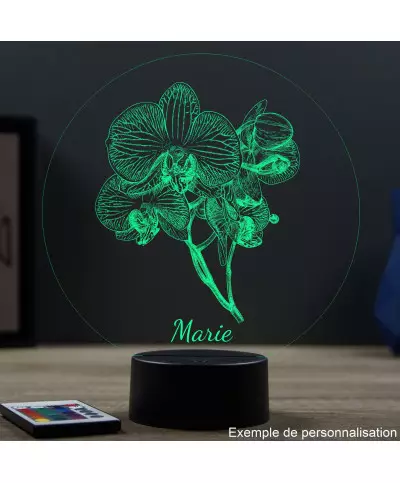 Lampe illusion 3D en verre acrylique gravée au laser représentant une Orchidée.