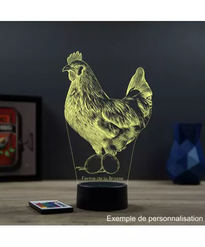 Lampe illusion 3D en verre acrylique gravée au laser représentant une Poule.
