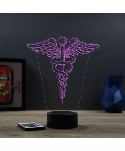 Lampe illusion 3D en verre acrylique gravée au laser représentant l'emblème du caducée.