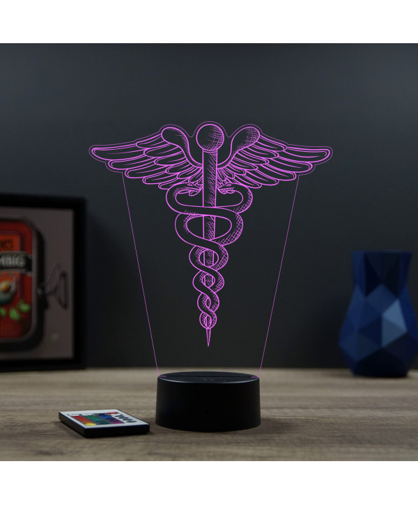 Lampe illusion 3D en verre acrylique gravée au laser représentant l'emblème du caducée.