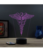 Lampe illusion 3D en verre acrylique gravée au laser représentant l'emblème du caducée.