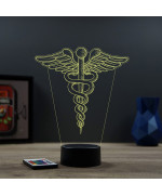 Lampe illusion 3D en verre acrylique gravée au laser représentant l'emblème du caducée.