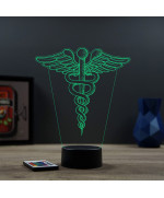 Lampe illusion 3D en verre acrylique gravée au laser représentant l'emblème du caducée.