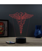 Lampe illusion 3D en verre acrylique gravée au laser représentant l'emblème du caducée.