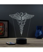 Lampe illusion 3D en verre acrylique gravée au laser représentant l'emblème du caducée.