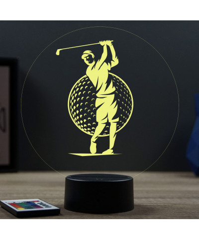 Lampe illusion 3D en verre acrylique gravée au laser représentant un Golfeur jouant au golf.