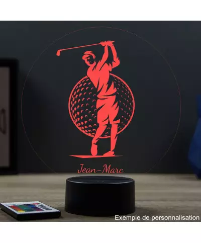 Lampe illusion 3D en verre acrylique gravée au laser représentant un Golfeur jouant au golf.