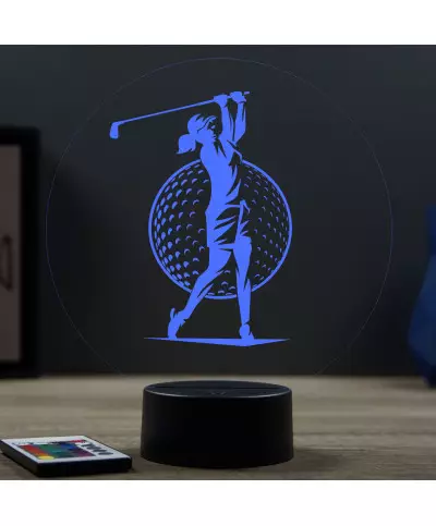 Lampe illusion 3D en verre acrylique gravée au laser représentant une Golfeuse jouant au golf.