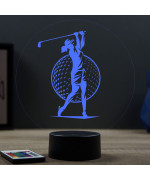Lampe illusion 3D en verre acrylique gravée au laser représentant une Golfeuse jouant au golf.