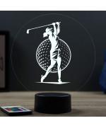 Lampe illusion 3D en verre acrylique gravée au laser représentant une Golfeuse jouant au golf.